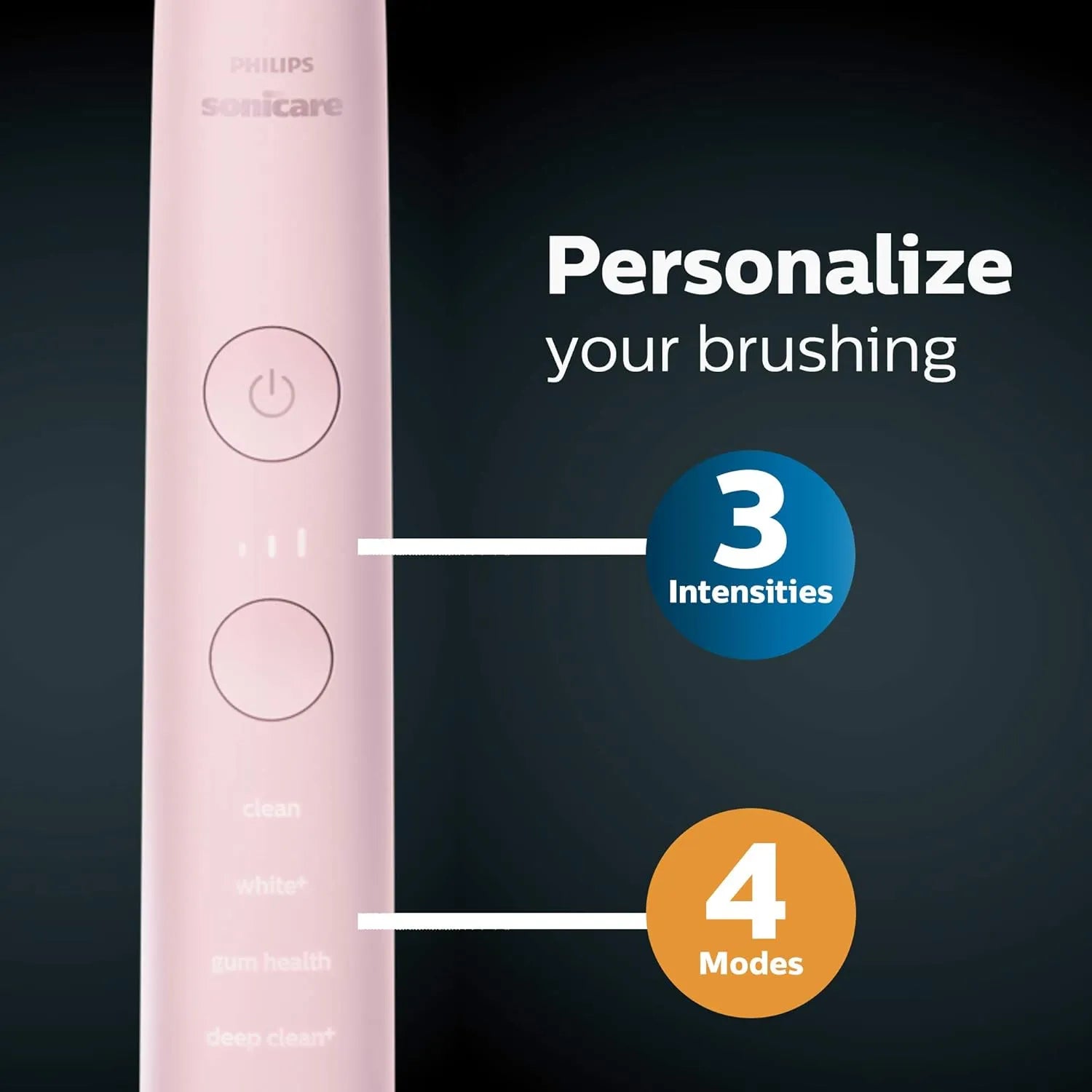 Philips Sonicare DiamondClean 9000 pink electric toothbrush showing multiple brushing modes and intensity settings.