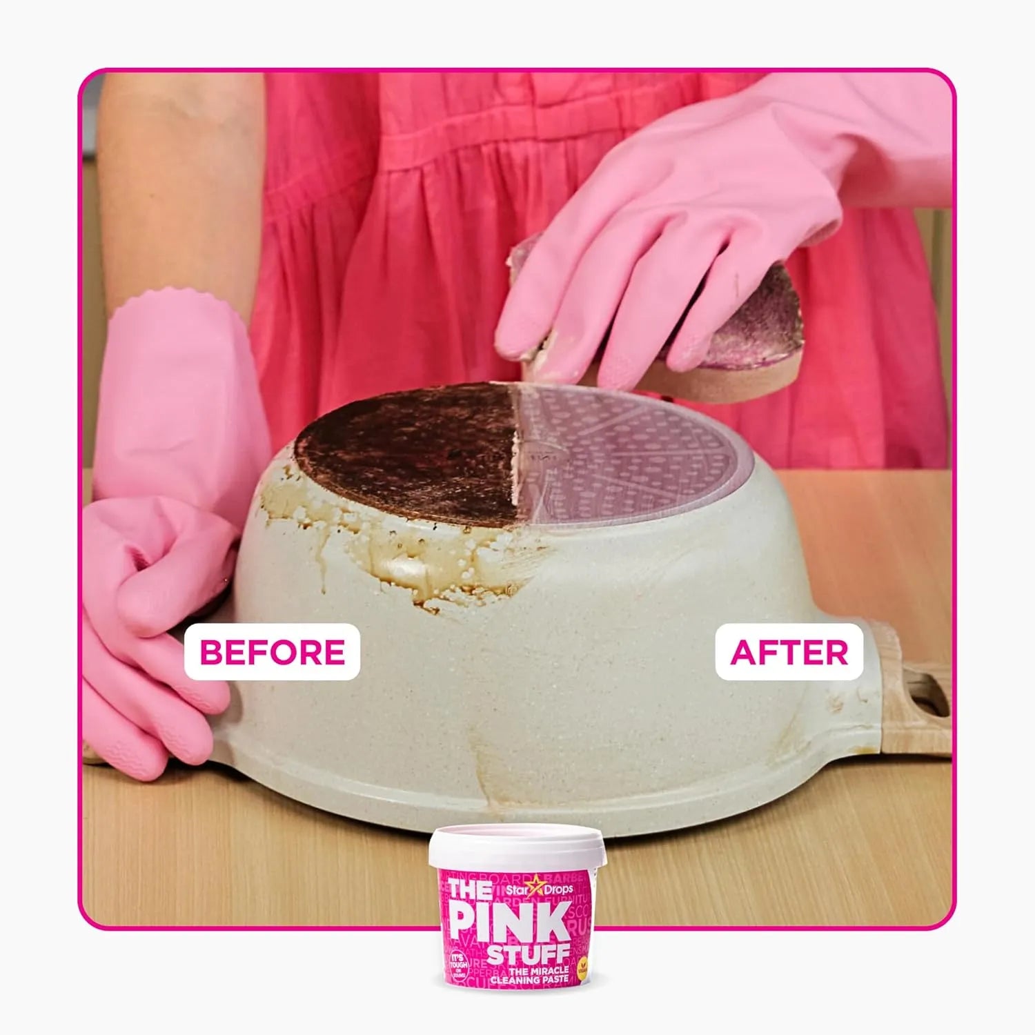 Before and after comparison of saucepan cleaned with Stardrops The Pink Stuff cleaning paste removing burnt residue.