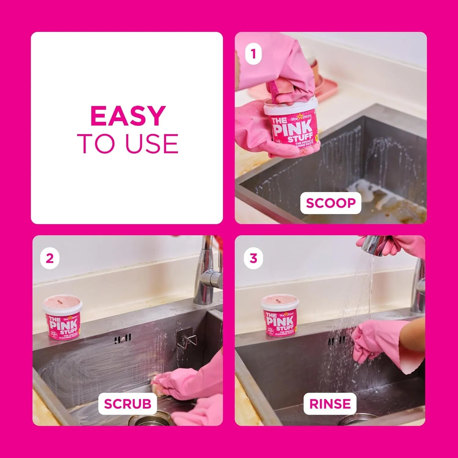 Stardrops The Pink Stuff cleaning paste step-by-step guide showing scoop, scrub, and rinse process on kitchen sink.