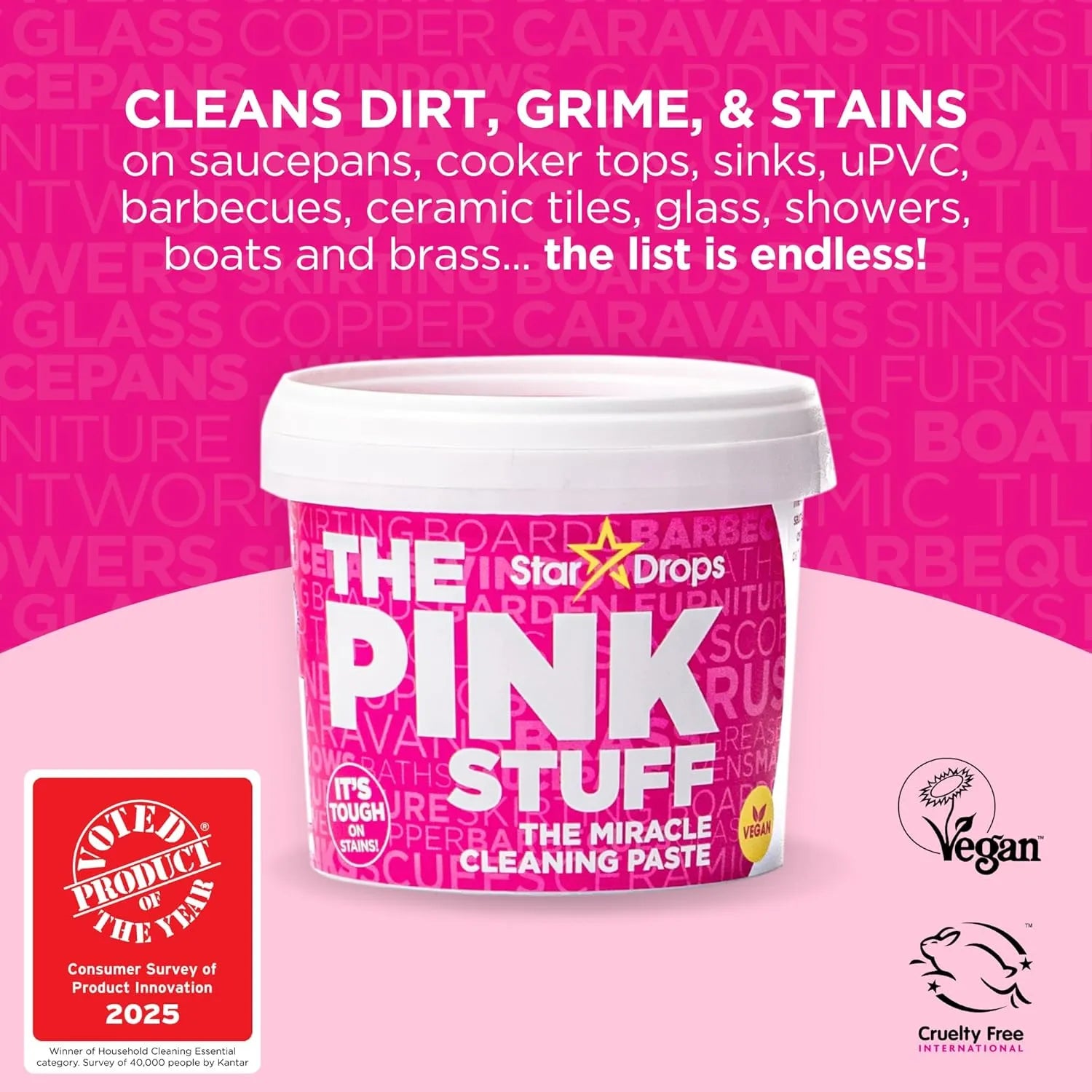 Stardrops The Pink Stuff cleaning paste container with vegan and cruelty free certification icons displayed.