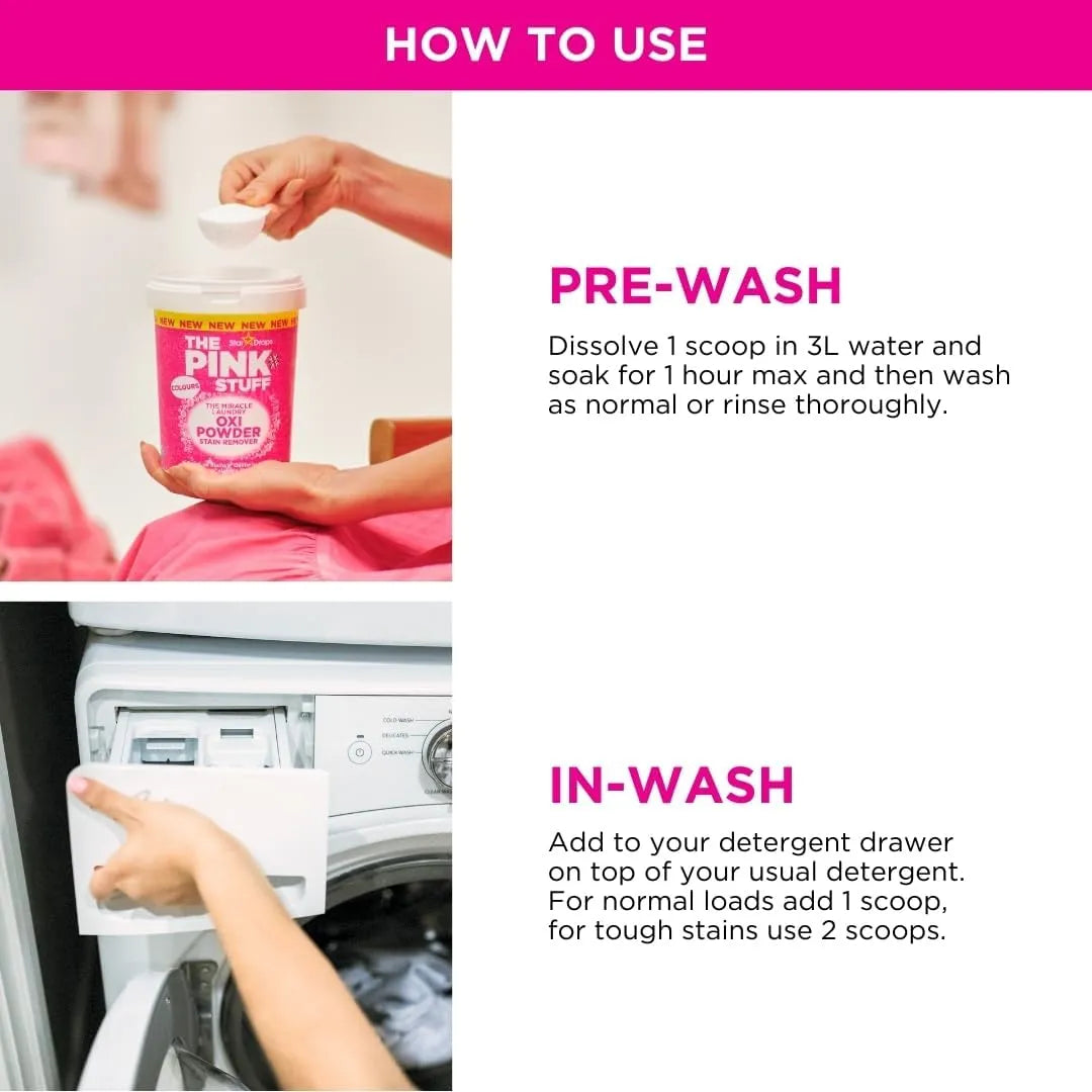 The Pink Stuff Miracle Laundry Oxi Powder stain remover showing pre-wash soaking instructions and in-wash usage in washing machine detergent drawer