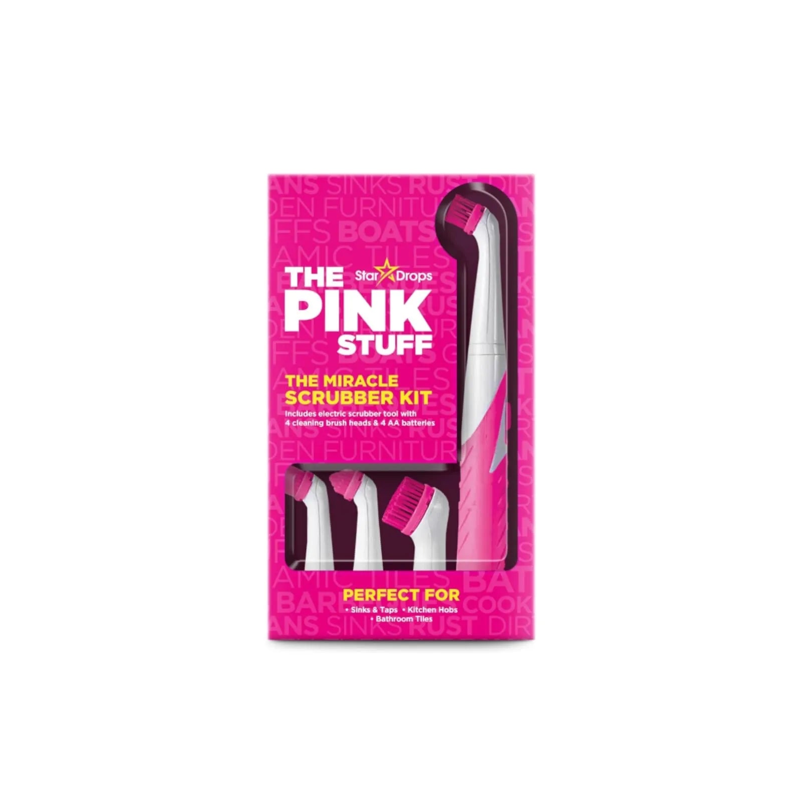 Stardrops The Pink Stuff Miracle Scrubber Kit packaging showing electric scrubber tool and four cleaning brush heads