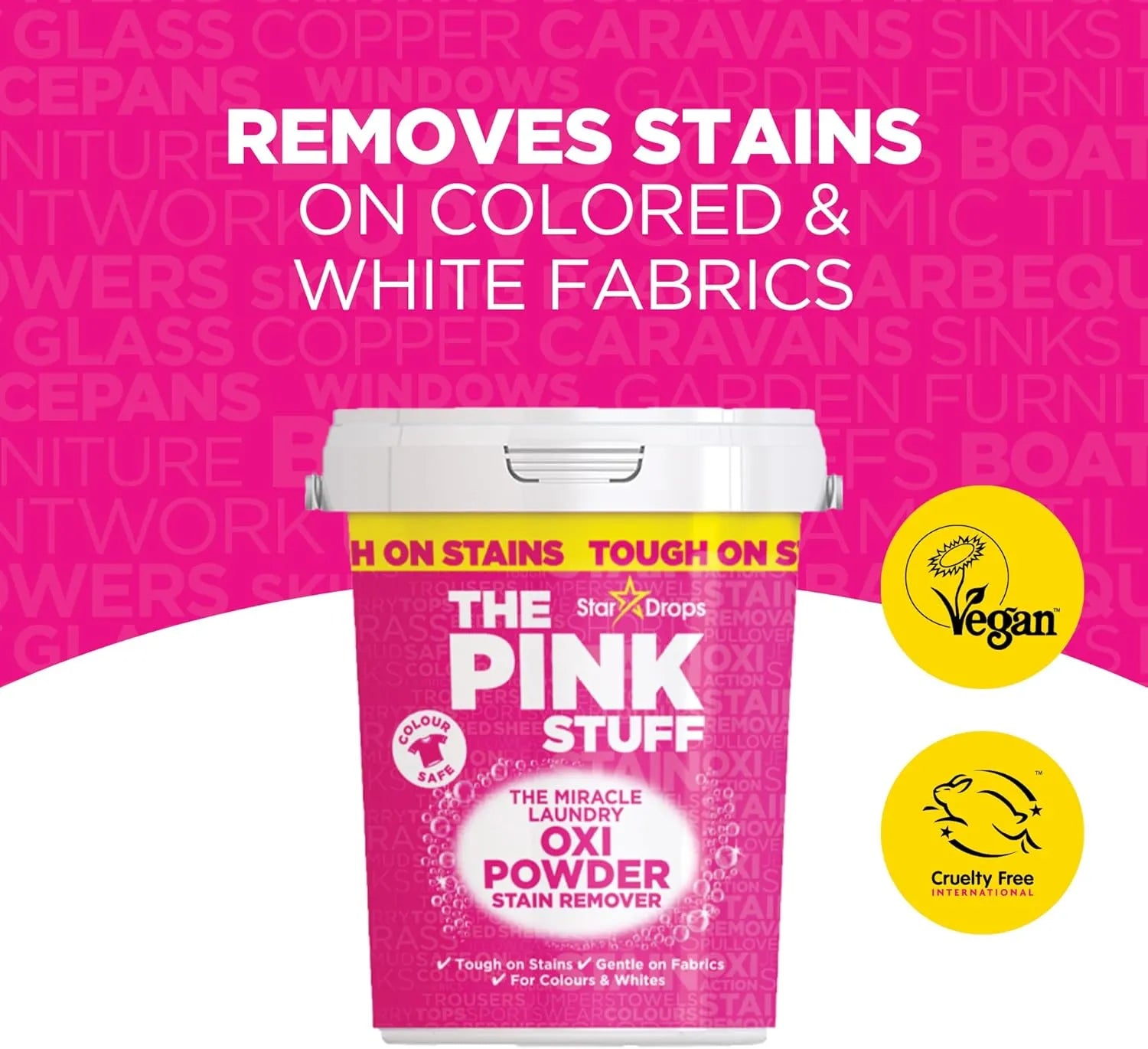 The Pink Stuff Miracle Laundry Oxi Powder stain remover container with vegan and cruelty-free certification icons