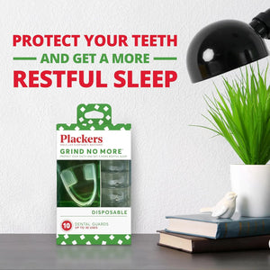 Plackers Grind No More dental night guard packaging on bedside table promoting restful sleep