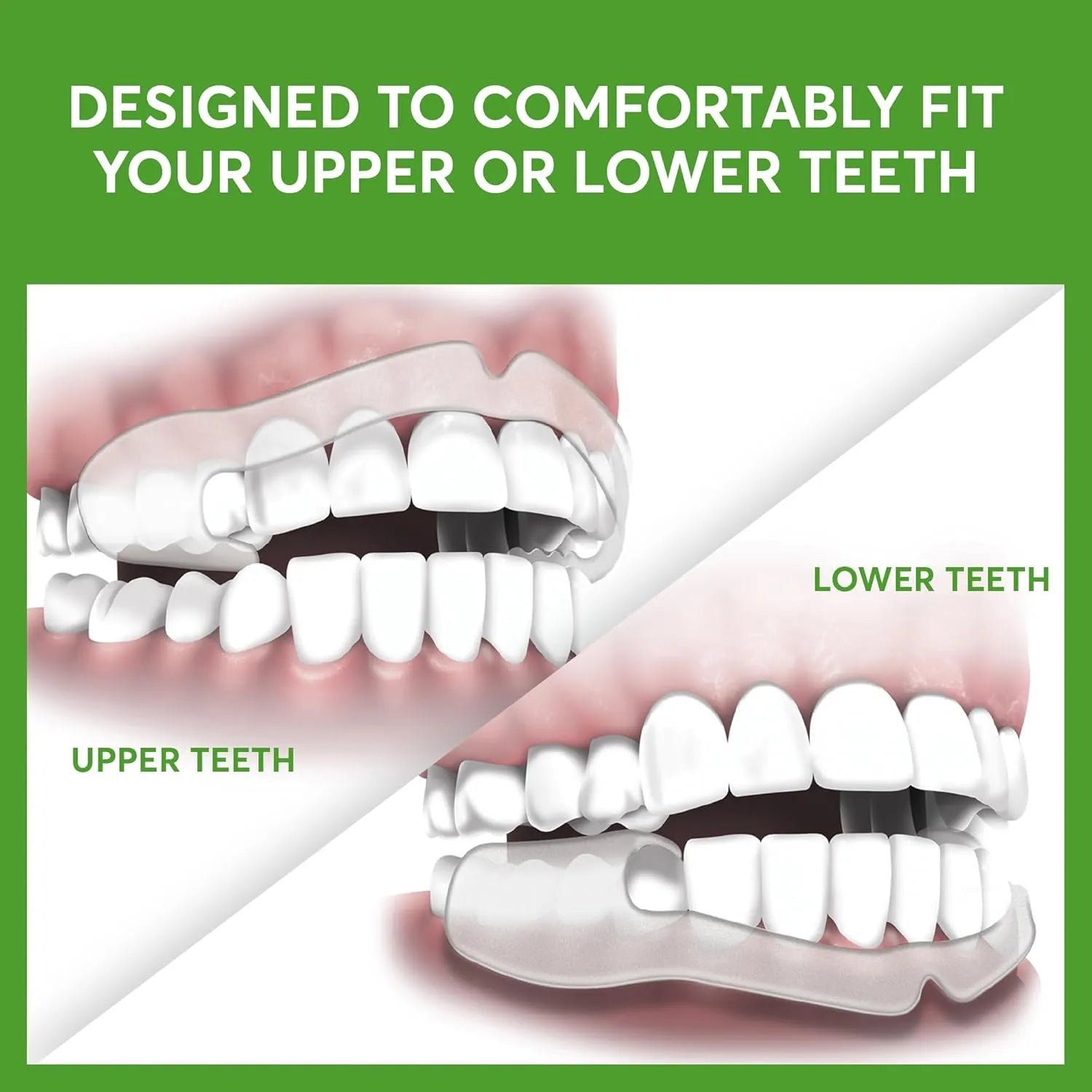 Plackers Grind No More dental guard designed to fit upper or lower teeth illustration