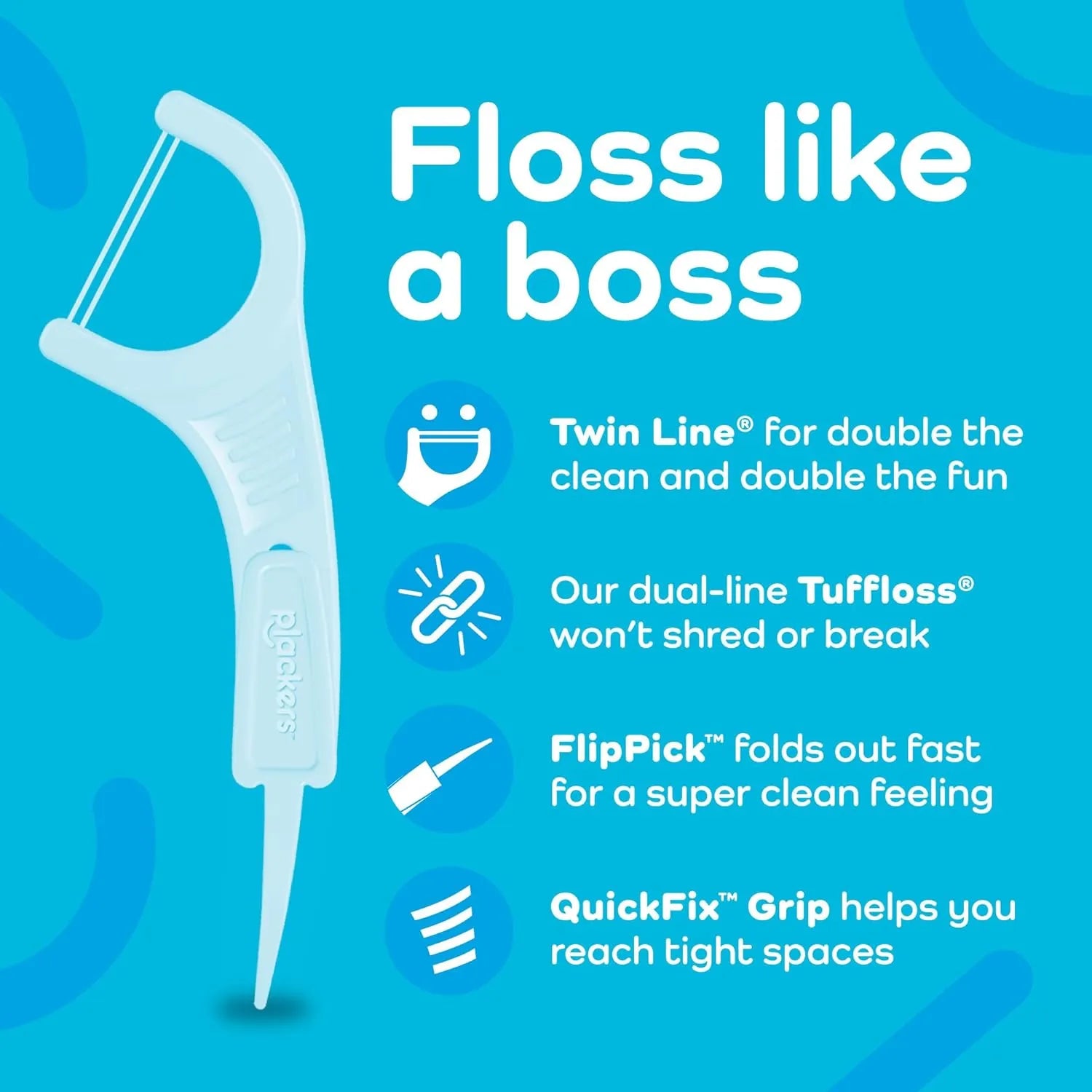 Plackers Twin Line dental floss pick showing dual-line Tuffloss and FlipPick design features
