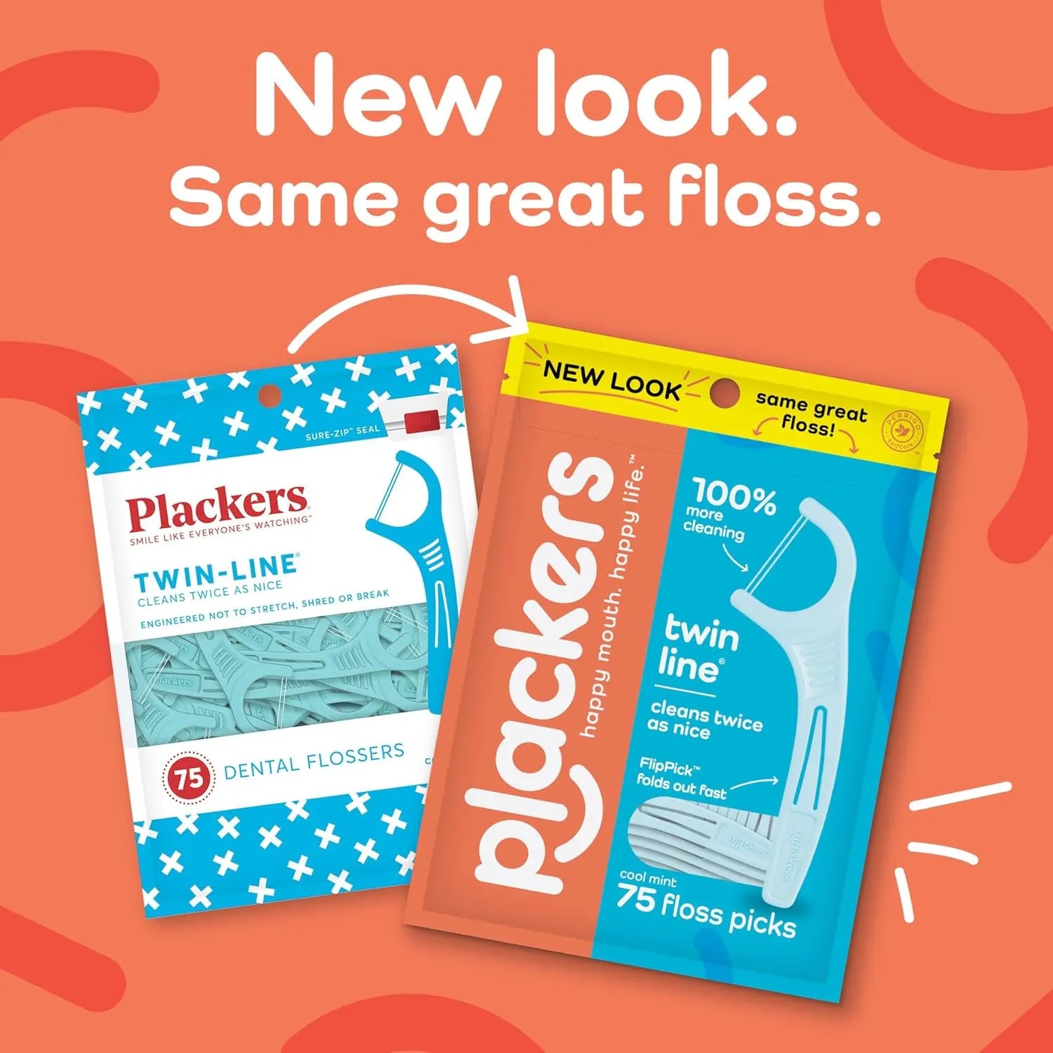 Plackers Twin Line dental floss picks new packaging design compared to previous version