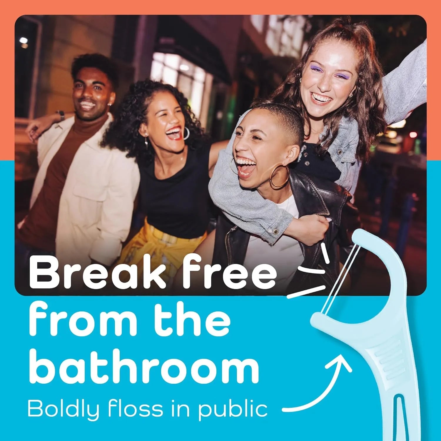 Group of friends smiling outdoors promoting convenient use of Plackers Twin Line dental floss picks