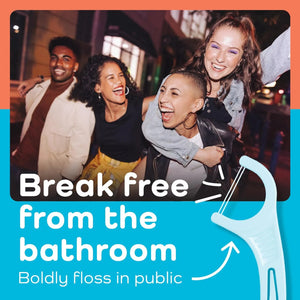 Group of friends smiling outdoors promoting convenient use of Plackers Twin Line dental floss picks
