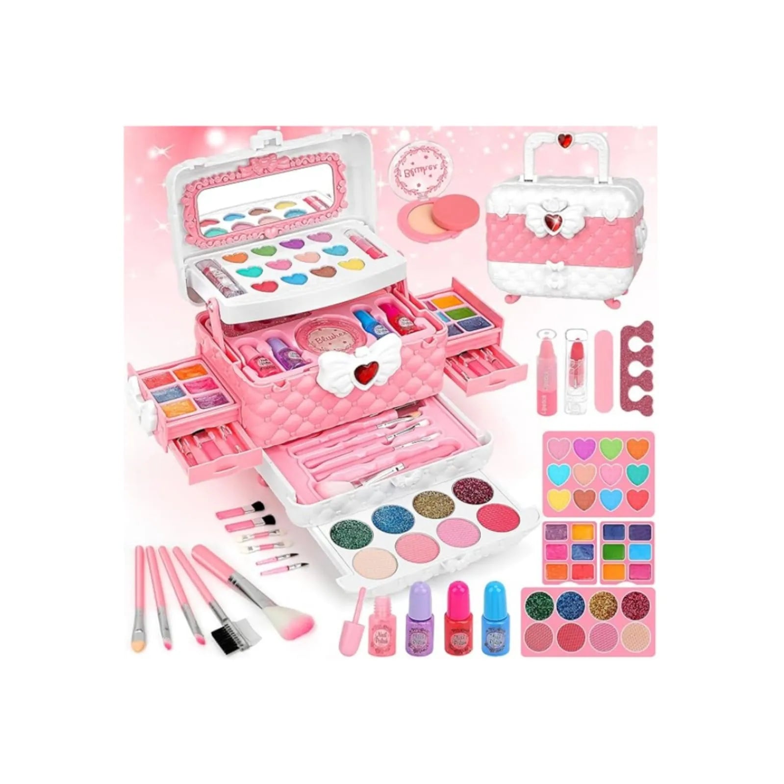 Fully opened princess kids washable makeup kit showing eyeshadow palettes lipsticks nail polish and makeup brushes