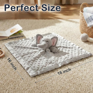 Pro Goleem grey elephant security blanket measuring 16 by 16 inches displayed on carpet