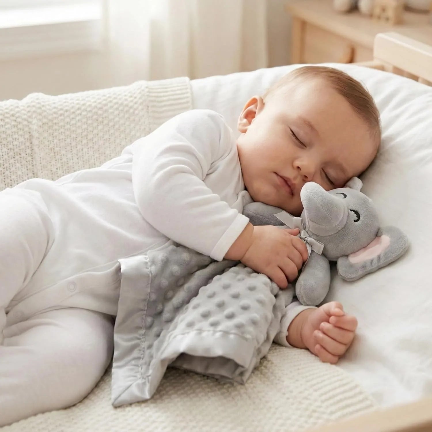 Sleeping baby cuddling Pro Goleem grey elephant security blanket
