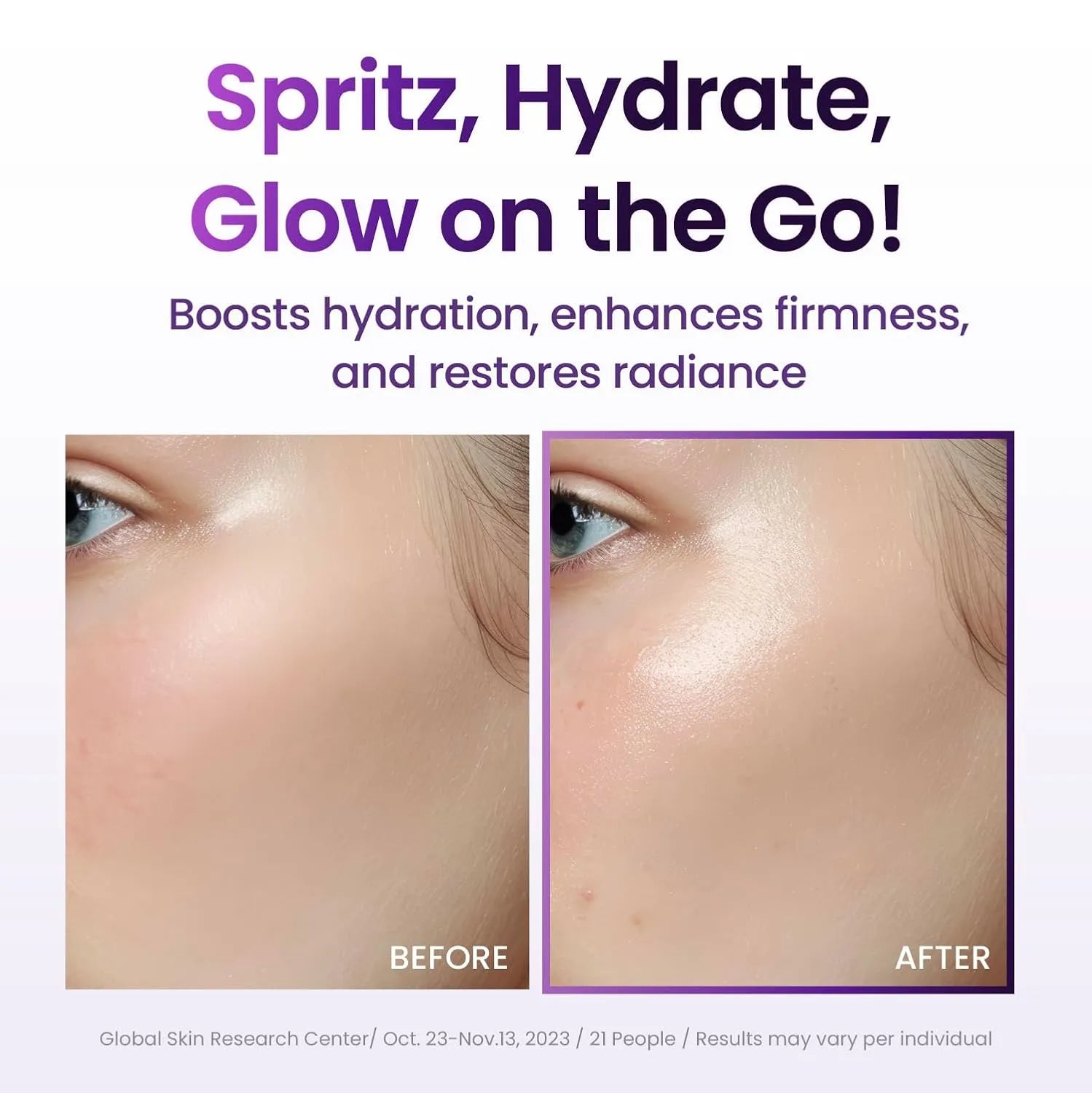 Before and after results of Probioderm 3D Lifting Cream Mist on skin glow