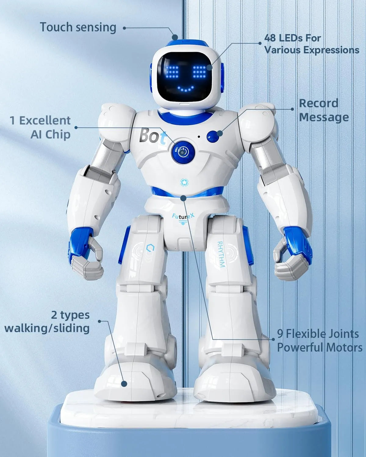 Ruko 1088 smart robot for kids showing touch sensing, LED facial expressions, AI chip, flexible joints and walking functions