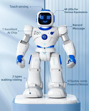 Ruko 1088 smart robot for kids showing touch sensing, LED facial expressions, AI chip, flexible joints and walking functions