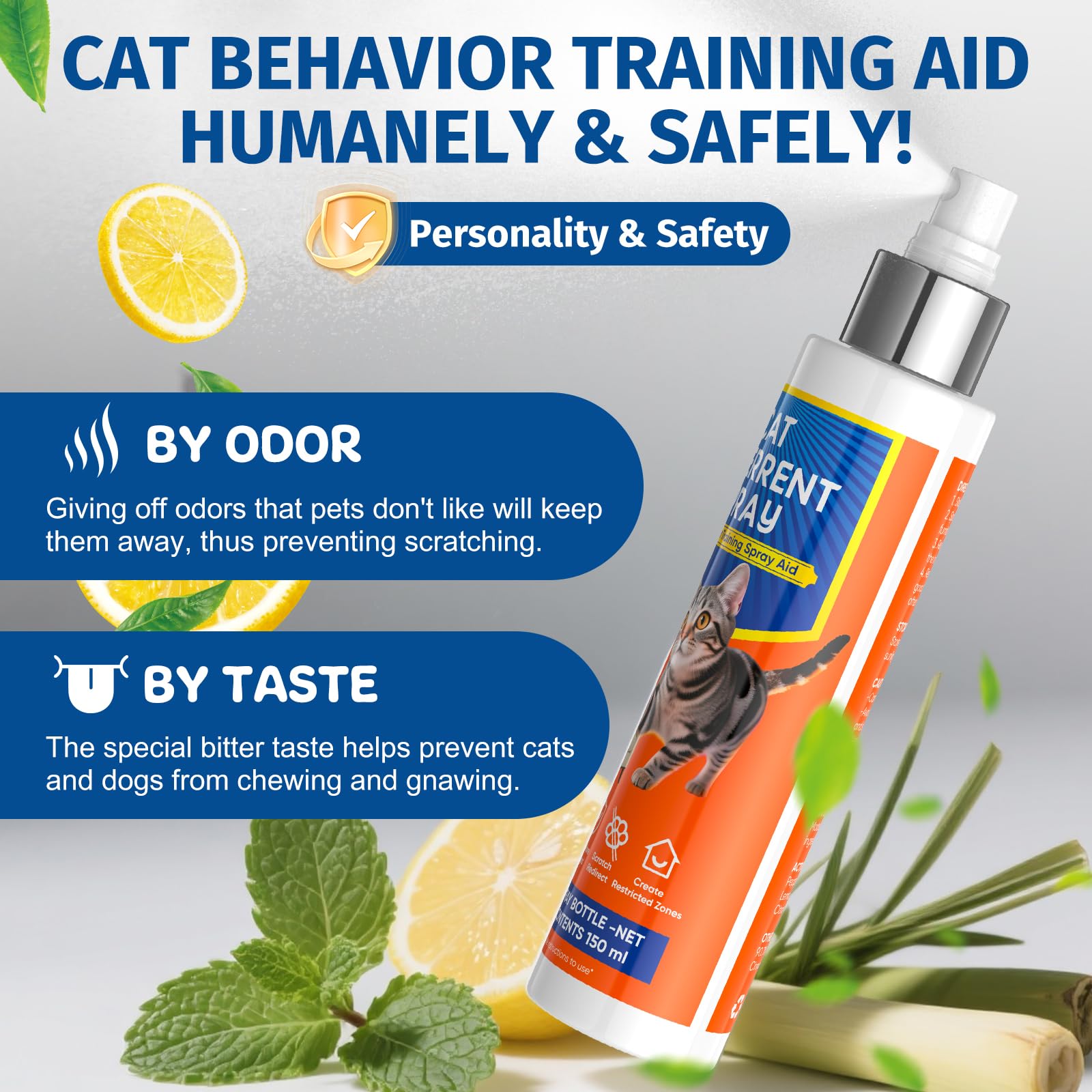 Humane cat behavior training spray with natural scent and bitter taste to stop scratching and chewing safely.