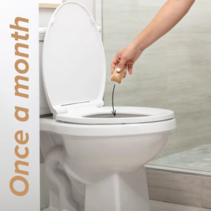 Dissolvable septic tank treatment packet being placed into a toilet for easy monthly septic system maintenance