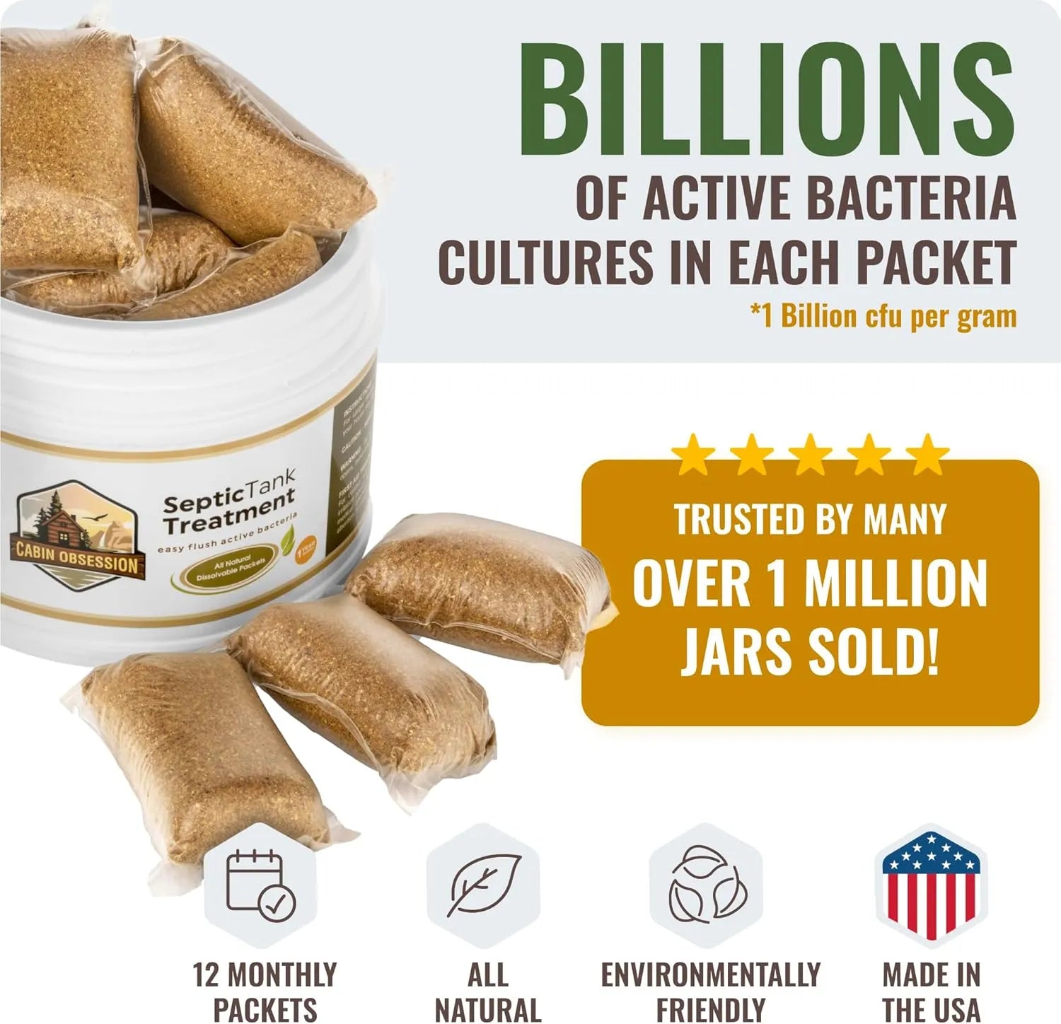 Septic tank treatment jar with 12 monthly dissolvable live bacteria packets for septic system care