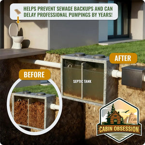 Illustration of septic tank system before and after treatment showing improved breakdown of organic matter