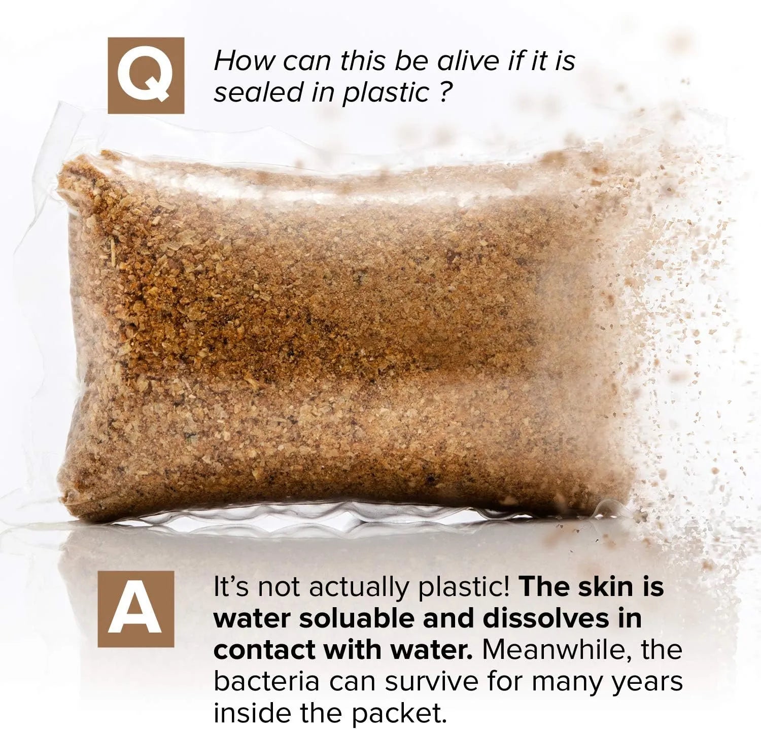 Close up of water soluble septic tank treatment packet containing live bacteria formula