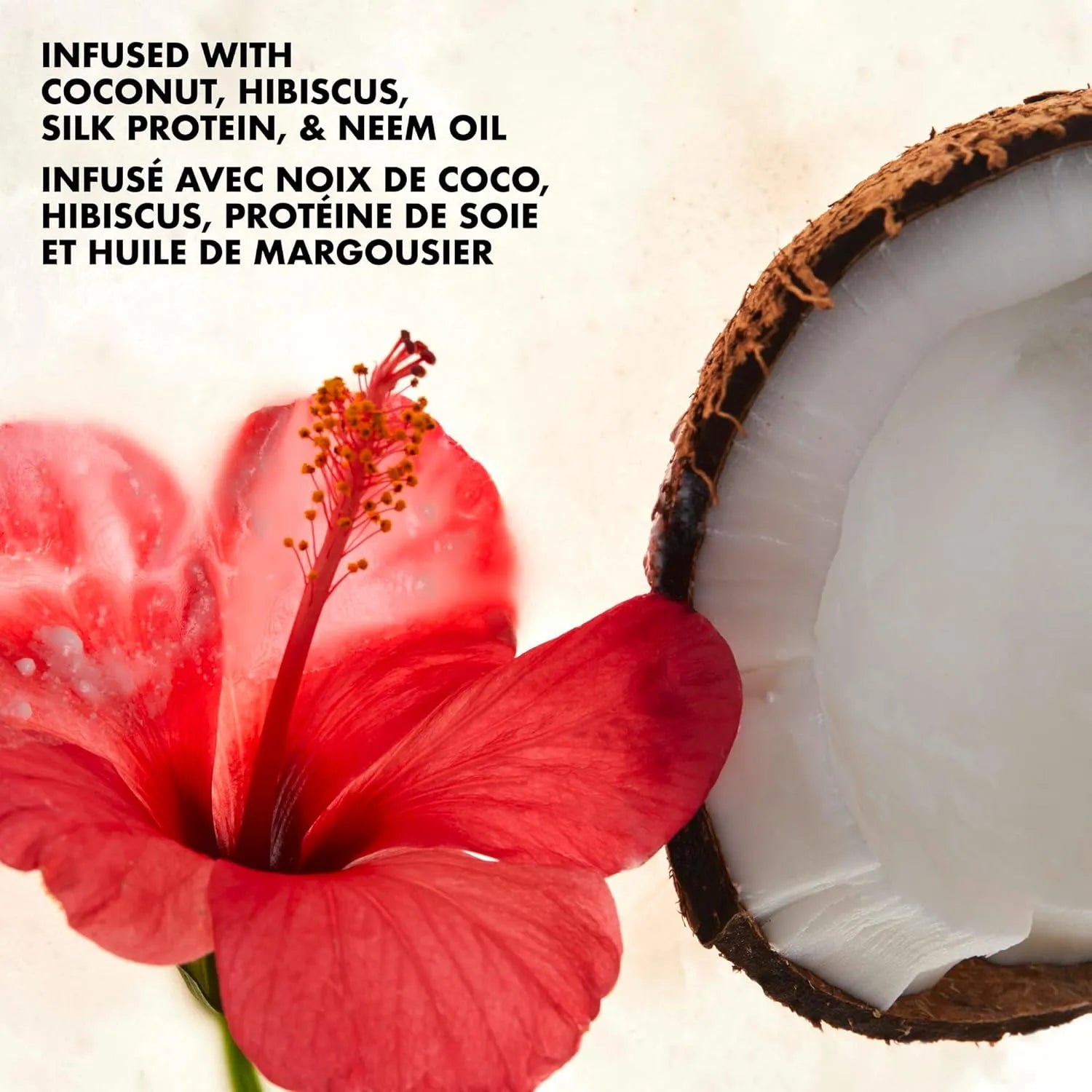 Coconut and hibiscus flower with silk protein and neem oil ingredients used in Shea Moisture Coconut and Hibiscus formula