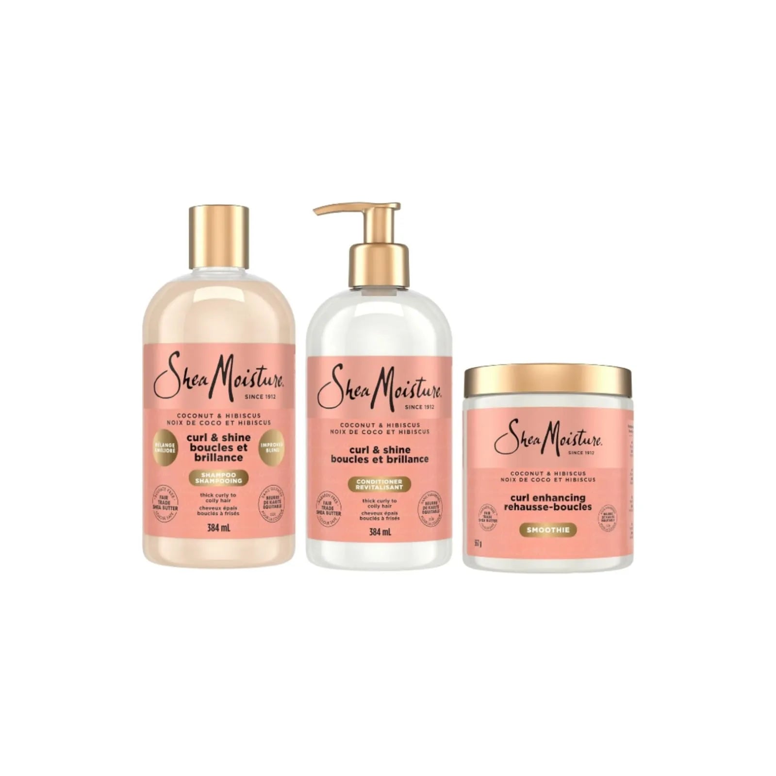 Shea Moisture Coconut and Hibiscus shampoo, conditioner and curl enhancing smoothie 3 pack for thick curly hair