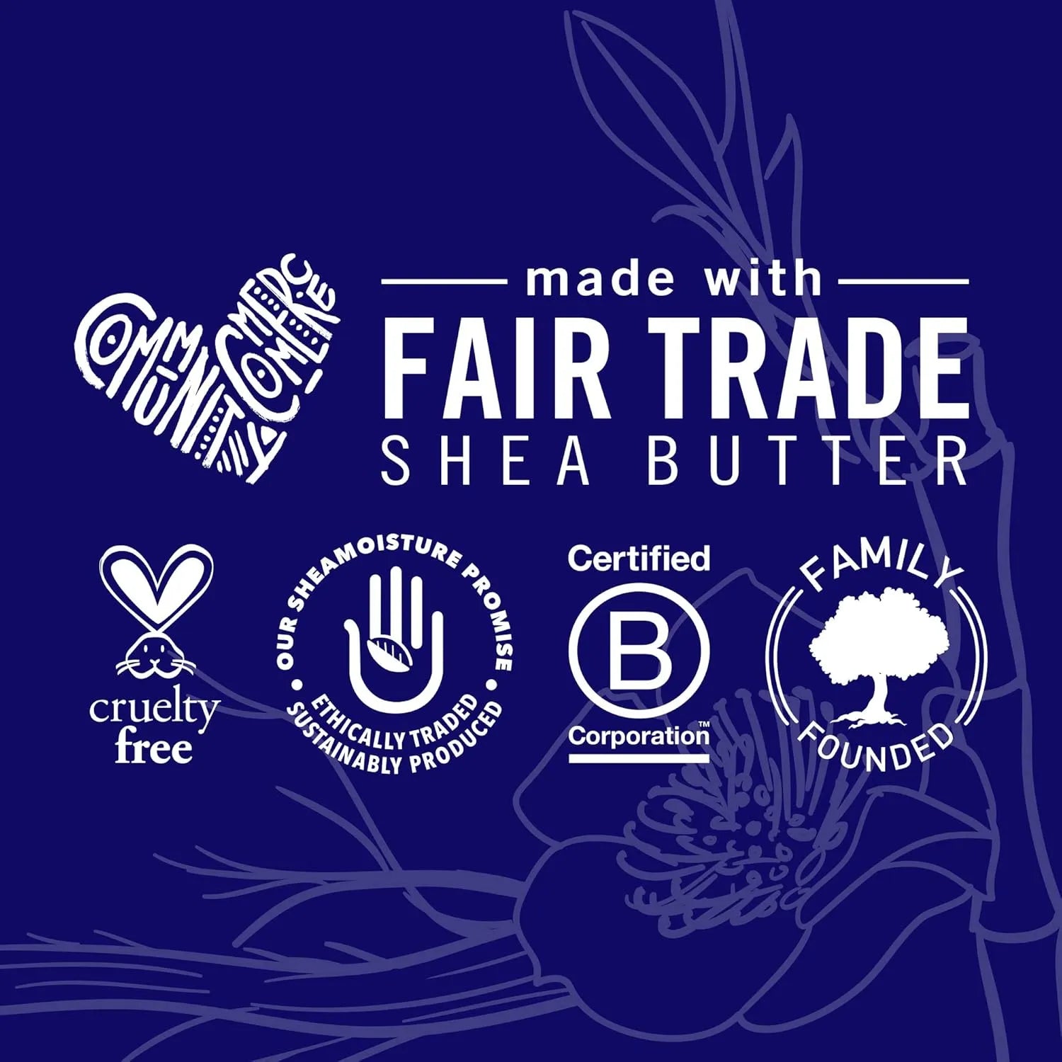 Shea Moisture Miracle Hair Styler Leave In Treatment brand values graphic showing cruelty free and Fair Trade shea butter certifications