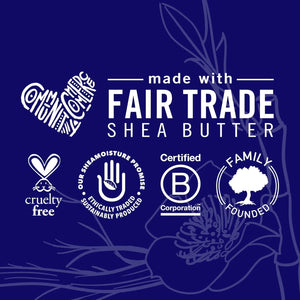 Shea Moisture Miracle Hair Styler Leave In Treatment brand values graphic showing cruelty free and Fair Trade shea butter certifications