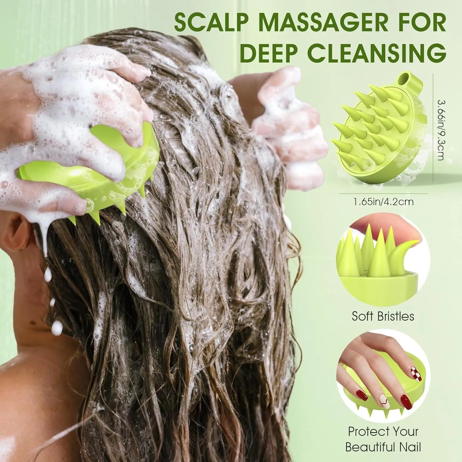 Silicone scalp massager brush used with apple cider scalp scrub shampoo for deep cleansing and scalp exfoliation