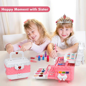 Two girls enjoying pretend play with princess washable makeup kit toy set for children