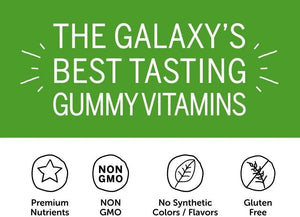 SmartyPants Kids Formula gummy vitamins graphic showing non-GMO, gluten-free and no synthetic colors or flavors