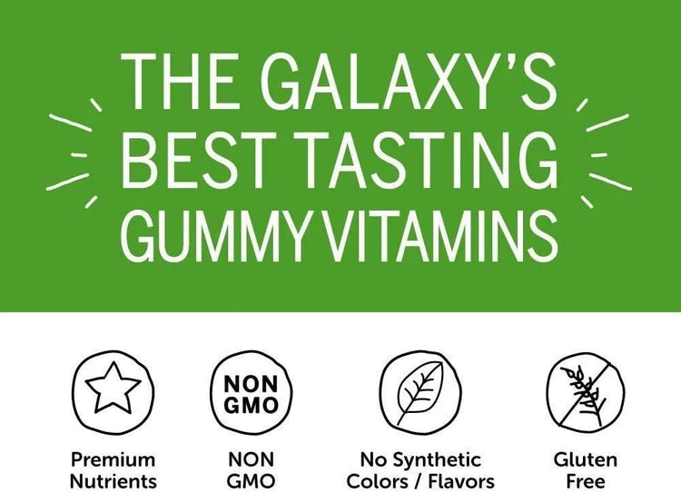 SmartyPants Kids Formula gummy vitamins graphic showing non-GMO, gluten-free and no synthetic colors or flavors