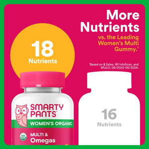 SmartyPants Organic Women’s Multivitamin Gummies with 18 nutrients including omega-3 ALA vitamins A C D3 and K2