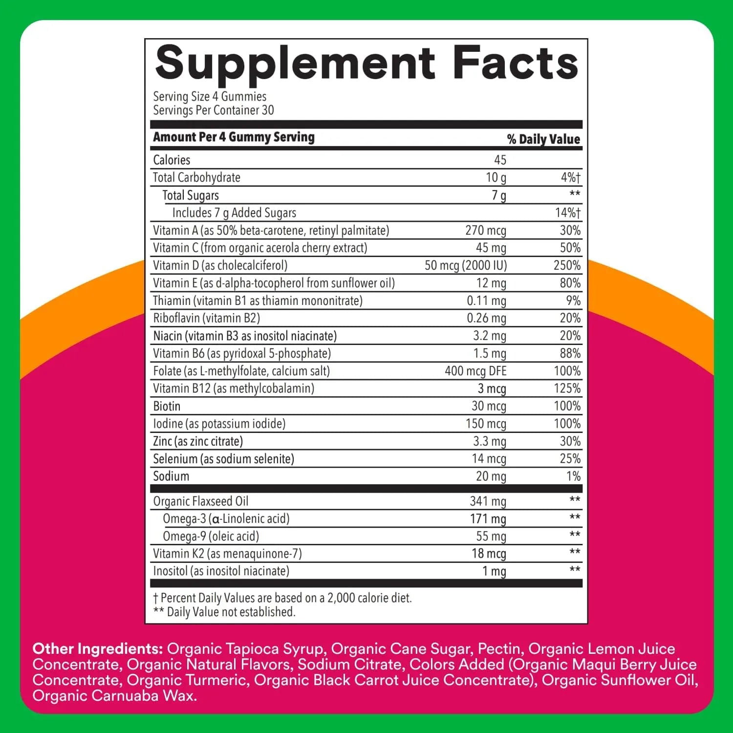 SmartyPants Organic Women’s Multivitamin Gummies supplement facts label 120 count