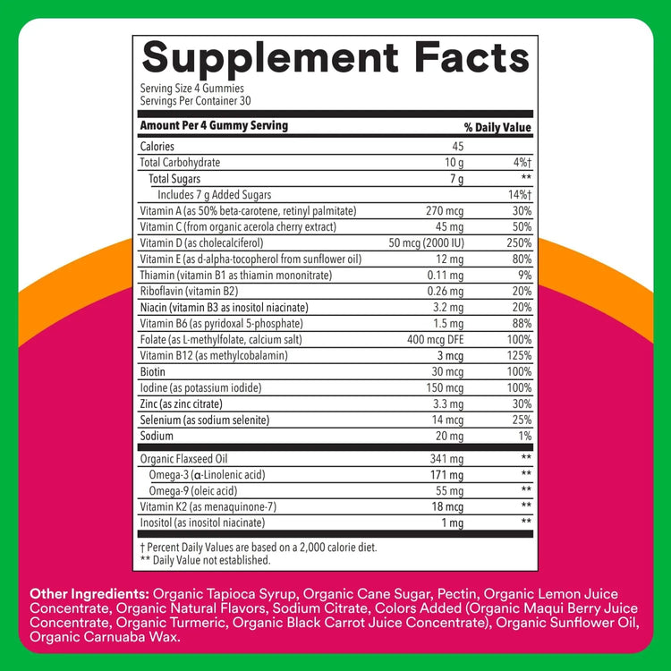 SmartyPants Organic Women’s Multivitamin Gummies supplement facts label 120 count