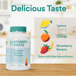 SmartyPants Prenatal Multivitamin Gummies available in lemon, orange and strawberry banana flavors.