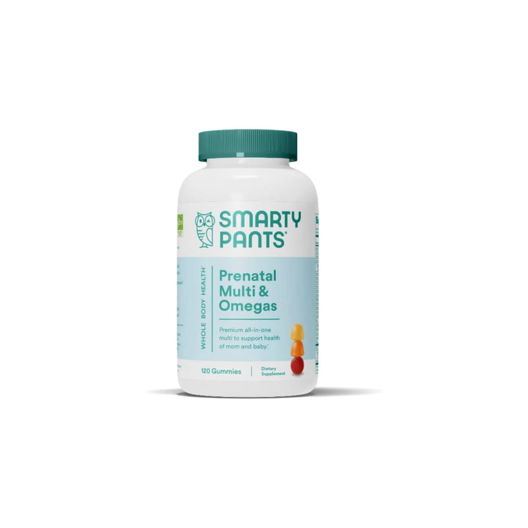SmartyPants Prenatal Multi and Omegas Multivitamin Gummies 120 count dietary supplement bottle.