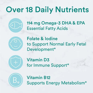 SmartyPants Prenatal Gummies with omega-3 DHA EPA, folate, iodine, vitamin D3 and B12 for daily nutritional support.
