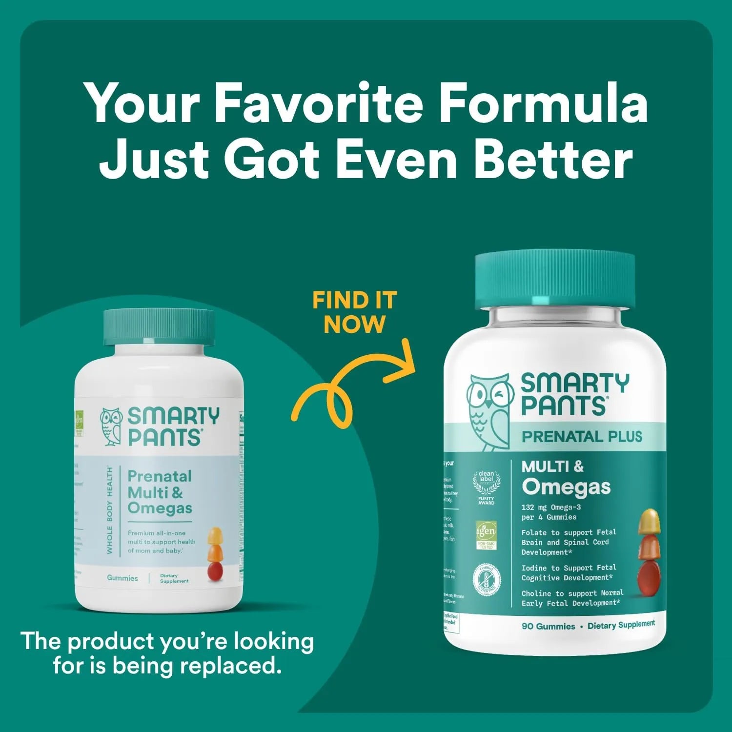 SmartyPants Prenatal Plus Multi and Omegas updated packaging replacing previous prenatal formula.