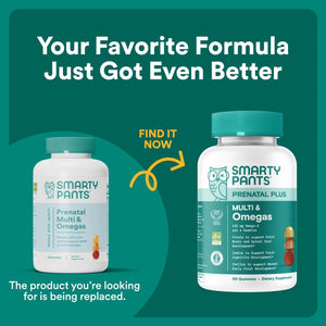 SmartyPants Prenatal Plus Multi and Omegas updated packaging replacing previous prenatal formula.