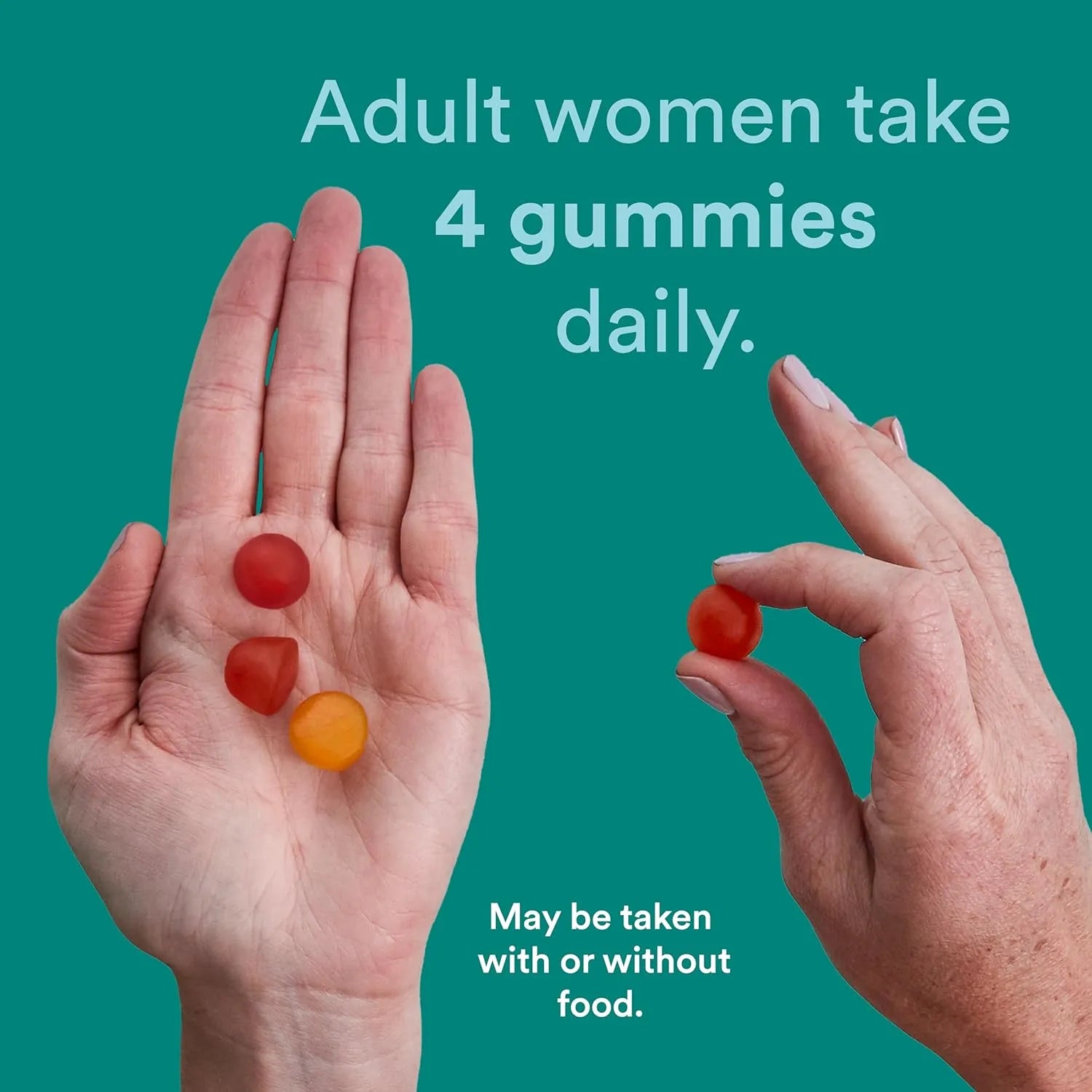 Adult woman holding four SmartyPants Prenatal gummies showing recommended daily serving size.