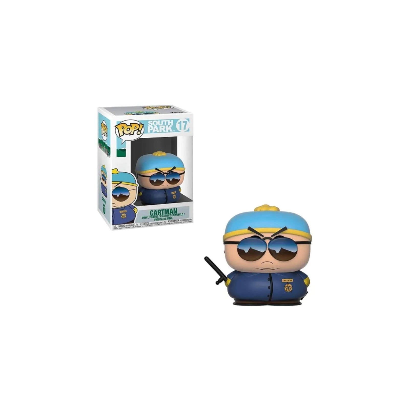 South Park Cartman Pop vinyl figure displayed outside and inside original retail packaging box.