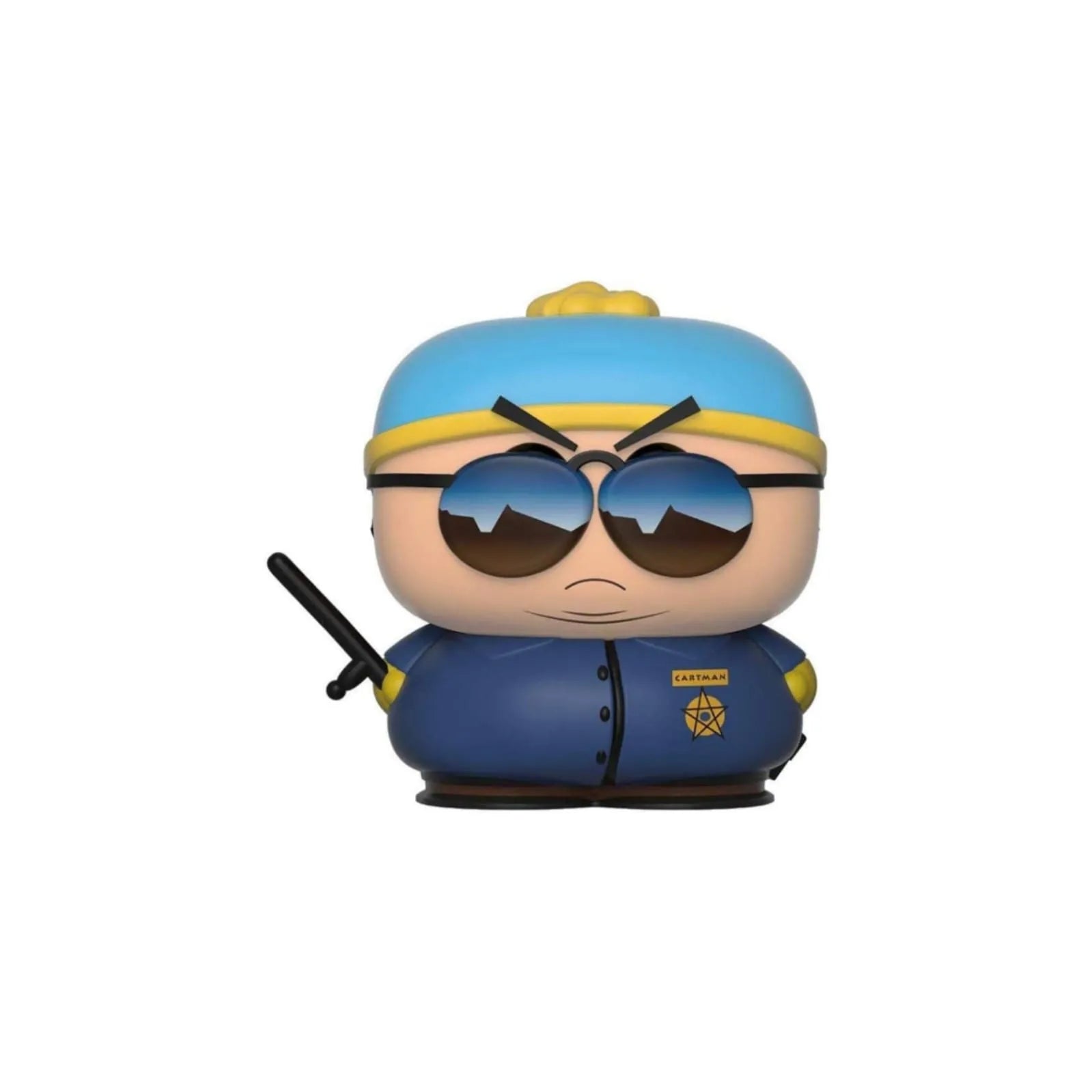   South Park Cartman vinyl toy figure wearing sunglasses and holding a baton in police-style outfit.