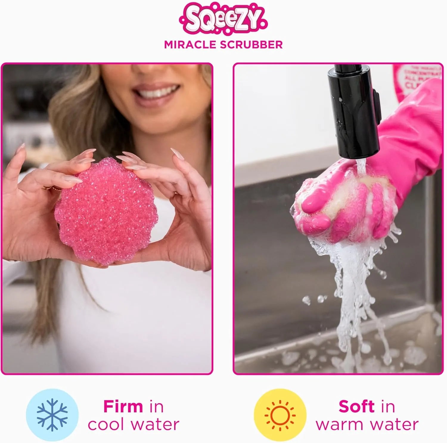 Close-up of SQeeZY miracle scrubber sponge showing texture and flexibility in warm and cool water.