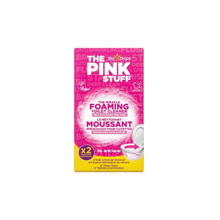 Close-up of Stardrops The Pink Stuff Miracle Foaming Toilet Cleaner packaging showing 2 treatment count and product details.