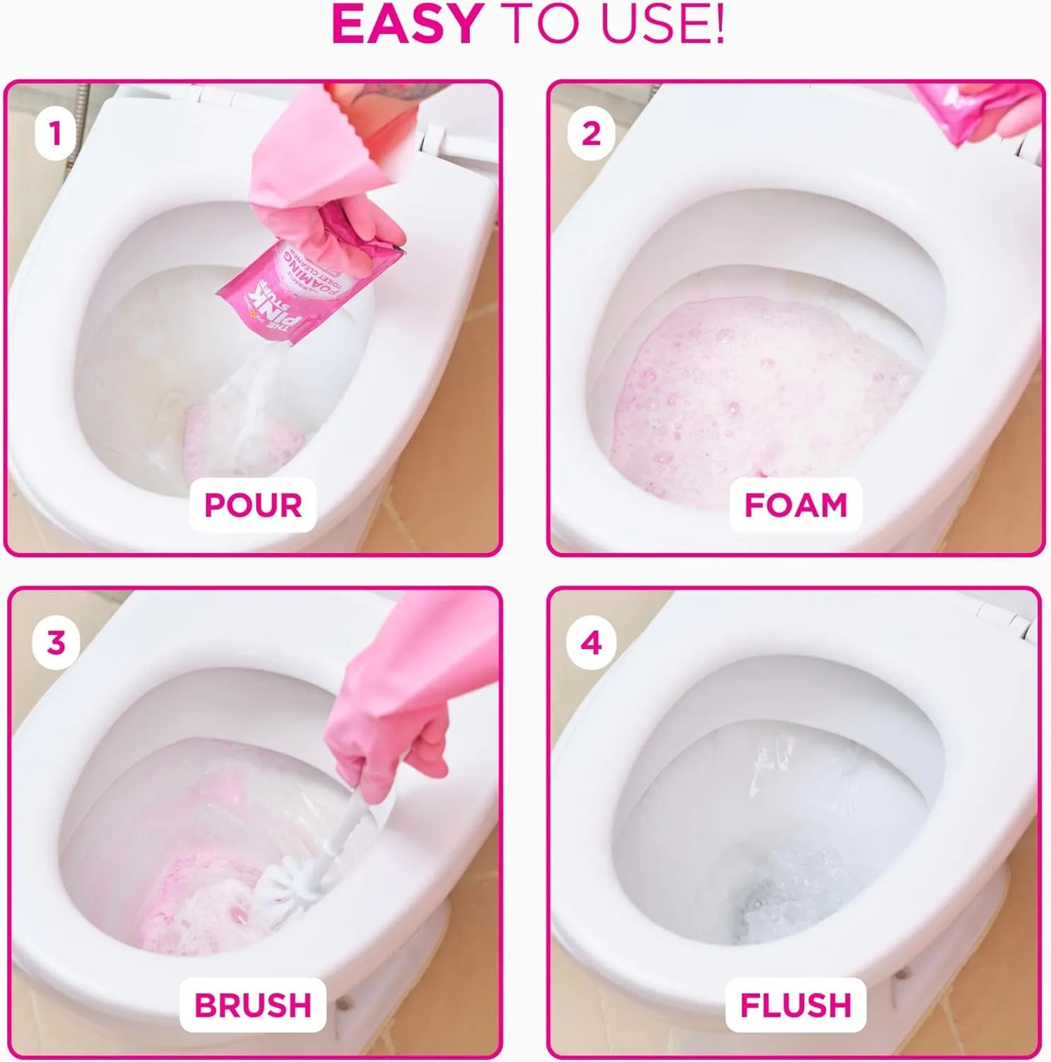 Step-by-step instructions for using Stardrops Pink Stuff Foaming Toilet Cleaner showing pour, foam, brush, and flush process.