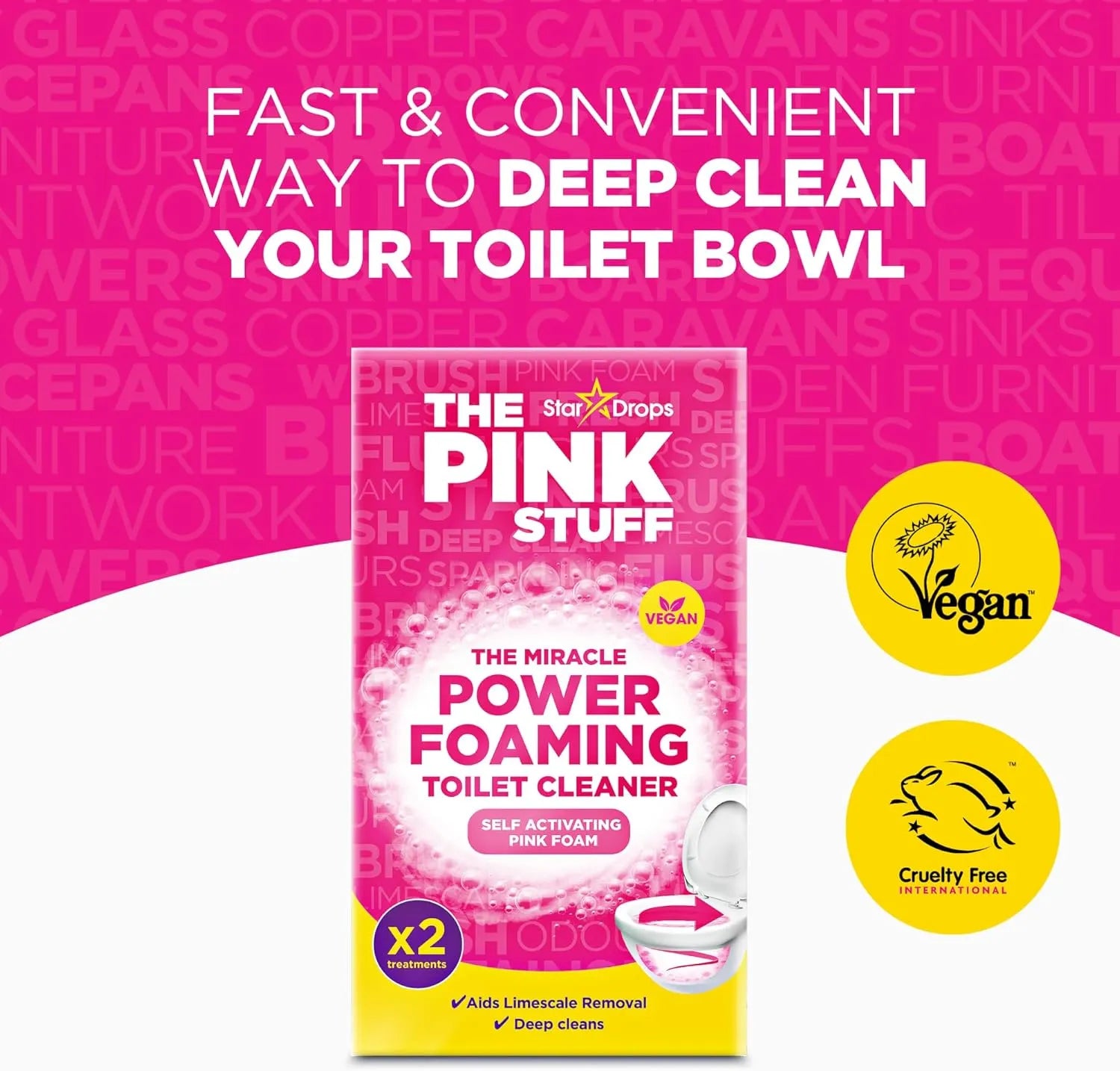 Stardrops The Pink Stuff Miracle Power Foaming Toilet Cleaner box showing 2 treatments and vegan certification.