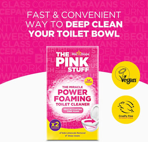 Stardrops The Pink Stuff Miracle Power Foaming Toilet Cleaner box showing 2 treatments and vegan certification.