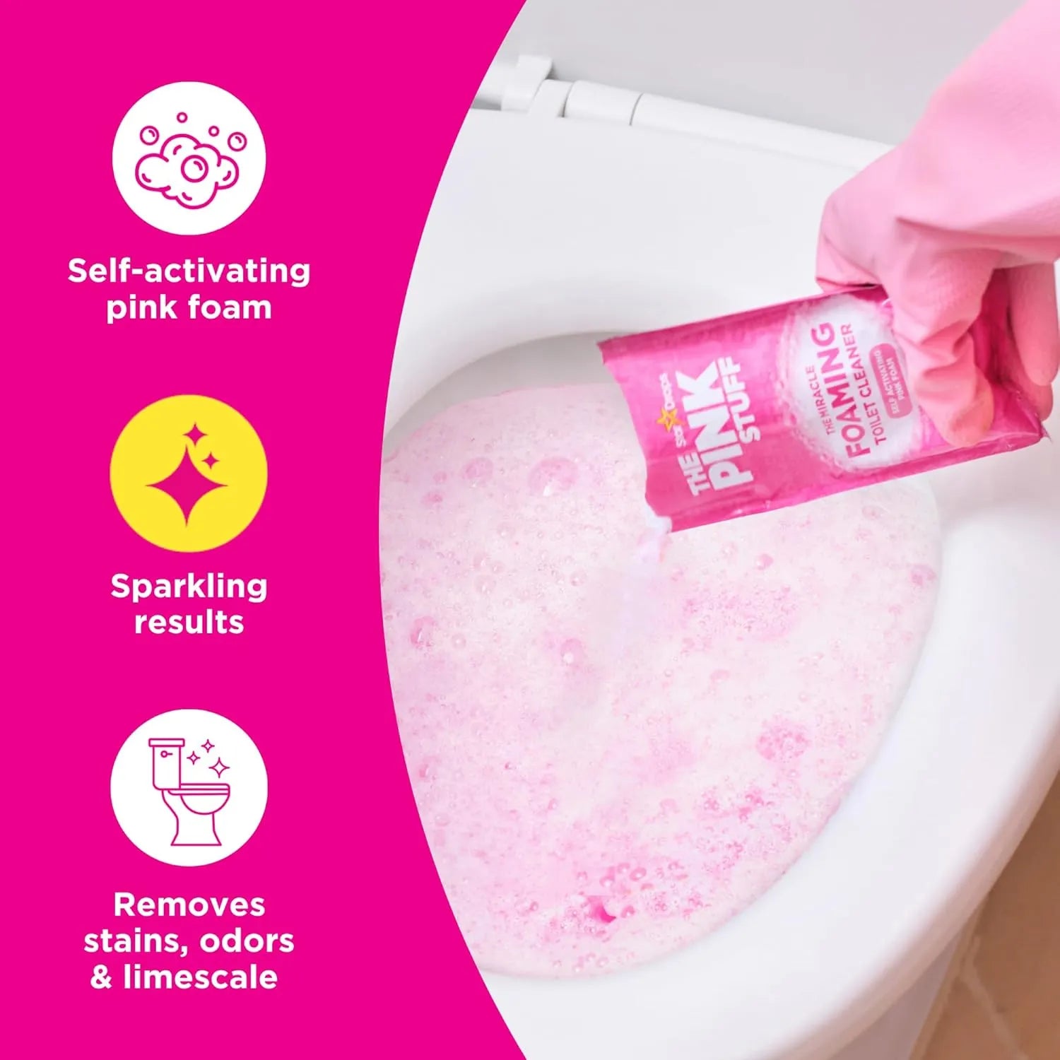 Self-activating pink foam from Stardrops Pink Stuff toilet cleaner expanding inside toilet bowl.
