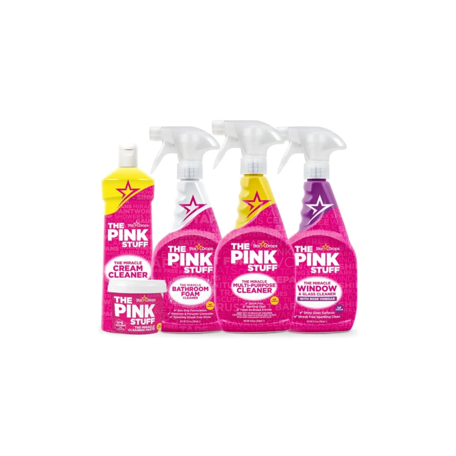 Stardrops The Pink Stuff cleaning bundle including cleaning paste, cream cleaner, bathroom foam spray, multi-purpose cleaner, and window and glass cleaner bottles.
